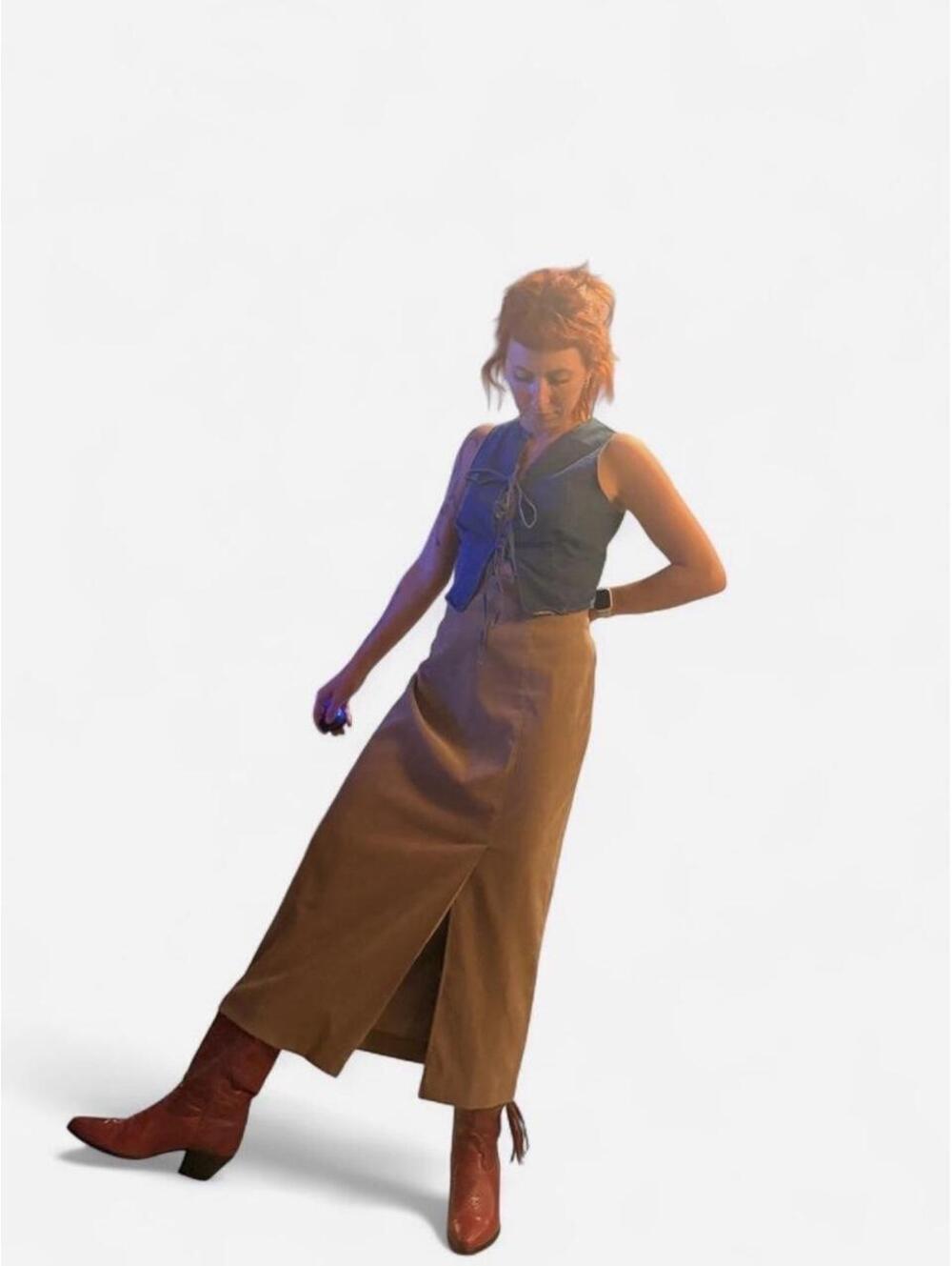Vintage tan faux suede Joan Leslie maxi skirt.